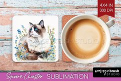 Floral Cat Square Coaster - Flowers Coaster PNG Sublimation Product Image 1