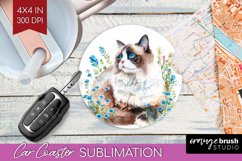Floral Cat Car Coaster - Flowers Coaster PNG Sublimation Product Image 1