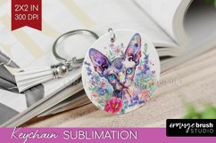 Floral Cat Keychain PNG - Flowers Keychain Sublimation Product Image 1