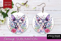 Floral Cat Round Earrings - Flowers PNG Sublimation Product Image 1