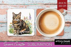 Floral Cat Square Coaster - Flowers Coaster PNG Sublimation Product Image 1