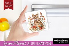 Floral Cat Magnet Sublimation - Flowers Square Magnet PNG Product Image 1