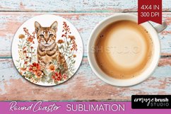 Floral Cat Round Coaster - Flowers Coaster PNG Sublimation Product Image 1