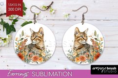Floral Cat Round Earrings - Flowers PNG Sublimation Product Image 1