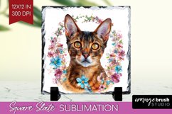 Floral Cat Slate PNG - Flowers Square Slate Sublimation Product Image 1
