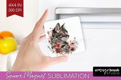 Floral Cat Magnet Sublimation - Flowers Square Magnet PNG Product Image 1