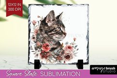 Floral Cat Slate PNG - Flowers Square Slate Sublimation Product Image 1