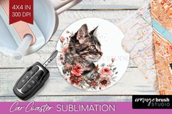 Floral Cat Car Coaster - Flowers Coaster PNG Sublimation Product Image 1