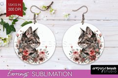 Floral Cat Round Earrings - Flowers PNG Sublimation Product Image 1