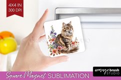 Floral Cat Magnet Sublimation - Flowers Square Magnet PNG Product Image 1