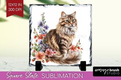 Floral Cat Slate PNG - Flowers Square Slate Sublimation Product Image 1