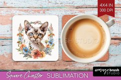 Floral Cat Square Coaster - Flowers Coaster PNG Sublimation Product Image 1