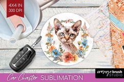 Floral Cat Car Coaster - Flowers Coaster PNG Sublimation Product Image 1