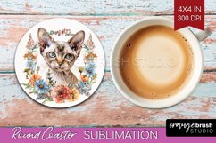 Floral Cat Round Coaster - Flowers Coaster PNG Sublimation Product Image 1