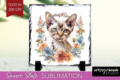 Floral Cat Slate PNG - Flowers Square Slate Sublimation Product Image 1