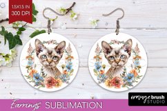 Floral Cat Round Earrings - Flowers PNG Sublimation Product Image 1