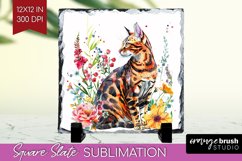 Floral Cat Slate PNG - Flowers Square Slate Sublimation Product Image 1
