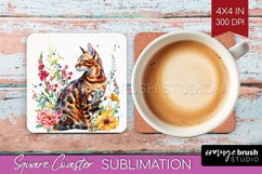 Floral Cat Square Coaster - Flowers Coaster PNG Sublimation Product Image 1