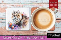 Floral Cat Square Coaster - Flowers Coaster PNG Sublimation Product Image 1