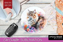 Floral Cat Car Coaster - Flowers Coaster PNG Sublimation Product Image 1