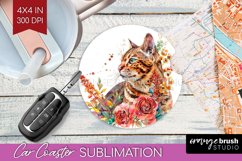 Floral Cat Car Coaster - Flowers Coaster PNG Sublimation Product Image 1
