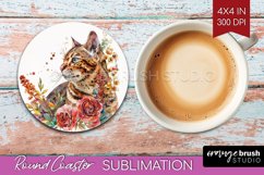 Floral Cat Round Coaster - Flowers Coaster PNG Sublimation Product Image 1