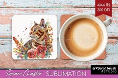 Floral Cat Square Coaster - Flowers Coaster PNG Sublimation Product Image 1