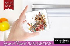 Floral Cat Magnet Sublimation - Flowers Square Magnet PNG Product Image 1