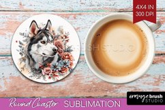 Floral Dog Round Coaster - Flowers Coaster PNG Sublimation Product Image 1