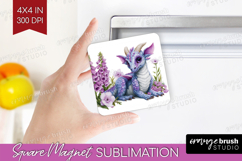 Floral Dragon Magnet Sublimation - Fantasy Square Magnet PNG Product Image 1