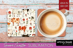 Floral Animals Square Coaster - Farm Animals Coaster PNG Product Image 1