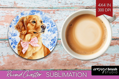 Golden Retriever Dog Round Coaster Blue Toile Coaster PNG Product Image 1