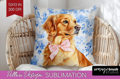 Golden Retriever Dog Pillow Sublimation Blue Toile Pillow Product Image 1