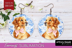 Golden Retriever Dog Round Earrings Blue Toile PNG Product Image 1