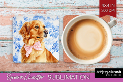 Golden Retriever Dog Square Coaster Blue Toile Coaster PNG Product Image 1