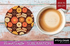 Retro Flowers Round Coaster - Groovy Coaster PNG Sublimation Product Image 1