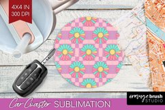 Retro Flowers Car Coaster - Groovy Coaster PNG Sublimation Product Image 1
