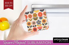 Retro Flowers Magnet Sublimation - Groovy Square Magnet PNG Product Image 1