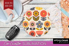 Retro Flowers Car Coaster - Groovy Coaster PNG Sublimation Product Image 1