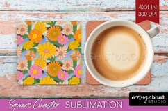 Retro Flowers Square Coaster - Groovy Coaster PNG Product Image 1