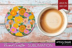 Retro Flowers Round Coaster - Groovy Coaster PNG Sublimation Product Image 1