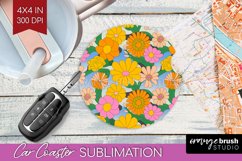 Retro Flowers Car Coaster - Groovy Coaster PNG Sublimation Product Image 1