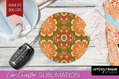 Retro Flowers Car Coaster - Groovy Coaster PNG Sublimation Product Image 1