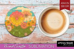 Retro Flowers Round Coaster - Groovy Coaster PNG Sublimation Product Image 1