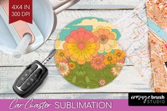 Retro Flowers Car Coaster - Groovy Coaster PNG Sublimation Product Image 1
