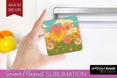 Retro Flowers Magnet Sublimation - Groovy Square Magnet PNG Product Image 1
