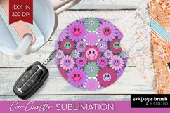 Retro Flowers Car Coaster - Groovy Coaster PNG Sublimation Product Image 1
