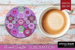 Retro Flowers Round Coaster - Groovy Coaster PNG Sublimation Product Image 1