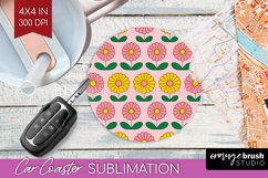 Retro Flowers Car Coaster - Groovy Coaster PNG Sublimation Product Image 1