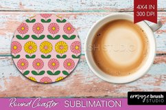 Retro Flowers Round Coaster - Groovy Coaster PNG Sublimation Product Image 1